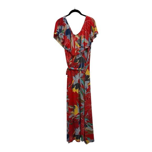 Janette Plus Dress Womens 3X Faux Wrap Maxi Orange Floral Ruffle Vneck Tropical - Picture 2 of 9